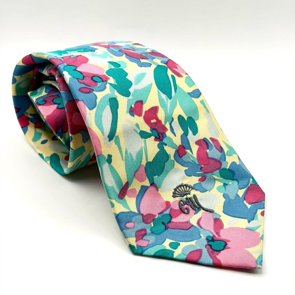 Vintage 90s Countess Mara Yellow Pink 100% Silk Pastel Floral Necktie